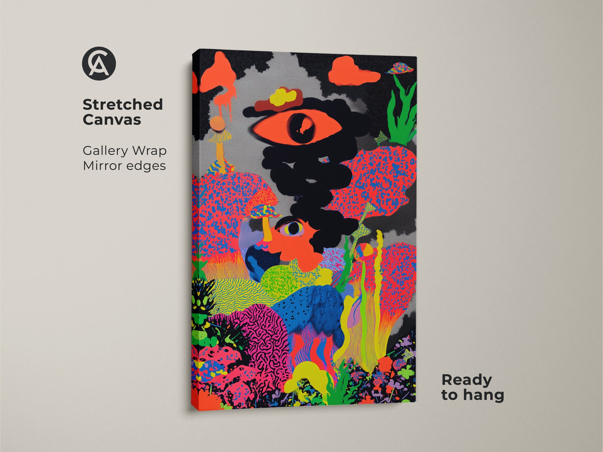 Stretched canvas art with gallery wrap mirror edges. It's a ready to hang surreal mushroom canvas. The neon pink abstract art has bright orange and black accents. A psychedelic pop art print.