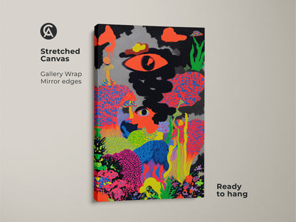 Stretched canvas art with gallery wrap mirror edges. It's a ready to hang surreal mushroom canvas. The neon pink abstract art has bright orange and black accents. A psychedelic pop art print.