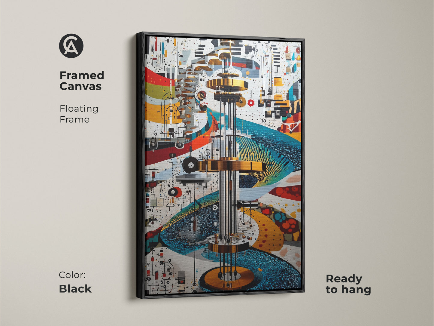 Framed Canvas of Mechanical Abstract wall art. The black floating frame enhances the futuristic artwork. This gold blue and red gears & circuits print brings a touch of modern to a tech office. Ready to hang.