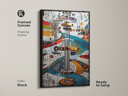 Framed Canvas of Mechanical Abstract wall art. The black floating frame enhances the futuristic artwork. This gold blue and red gears & circuits print brings a touch of modern to a tech office. Ready to hang.