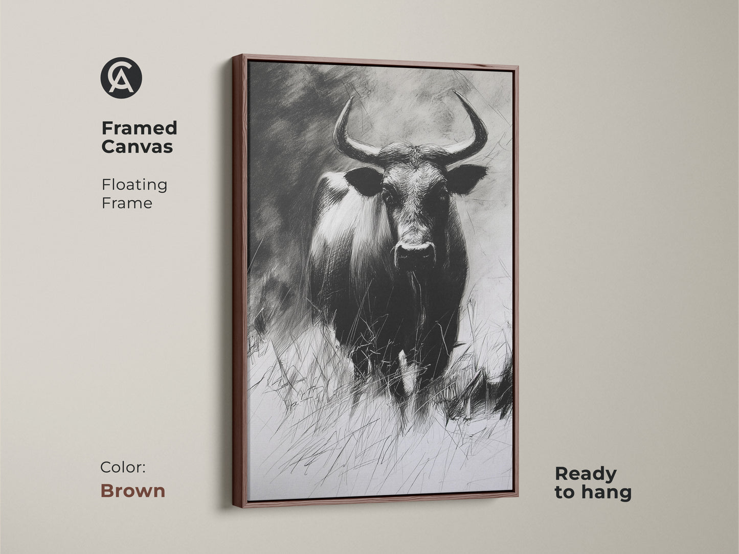 Framed canvas with a floating frame showcasing a buffalo charcoal sketch in brown. This ready to hang wildlife artwork enhances rustic decor. It's a monochrome animal print for farmhouse style.