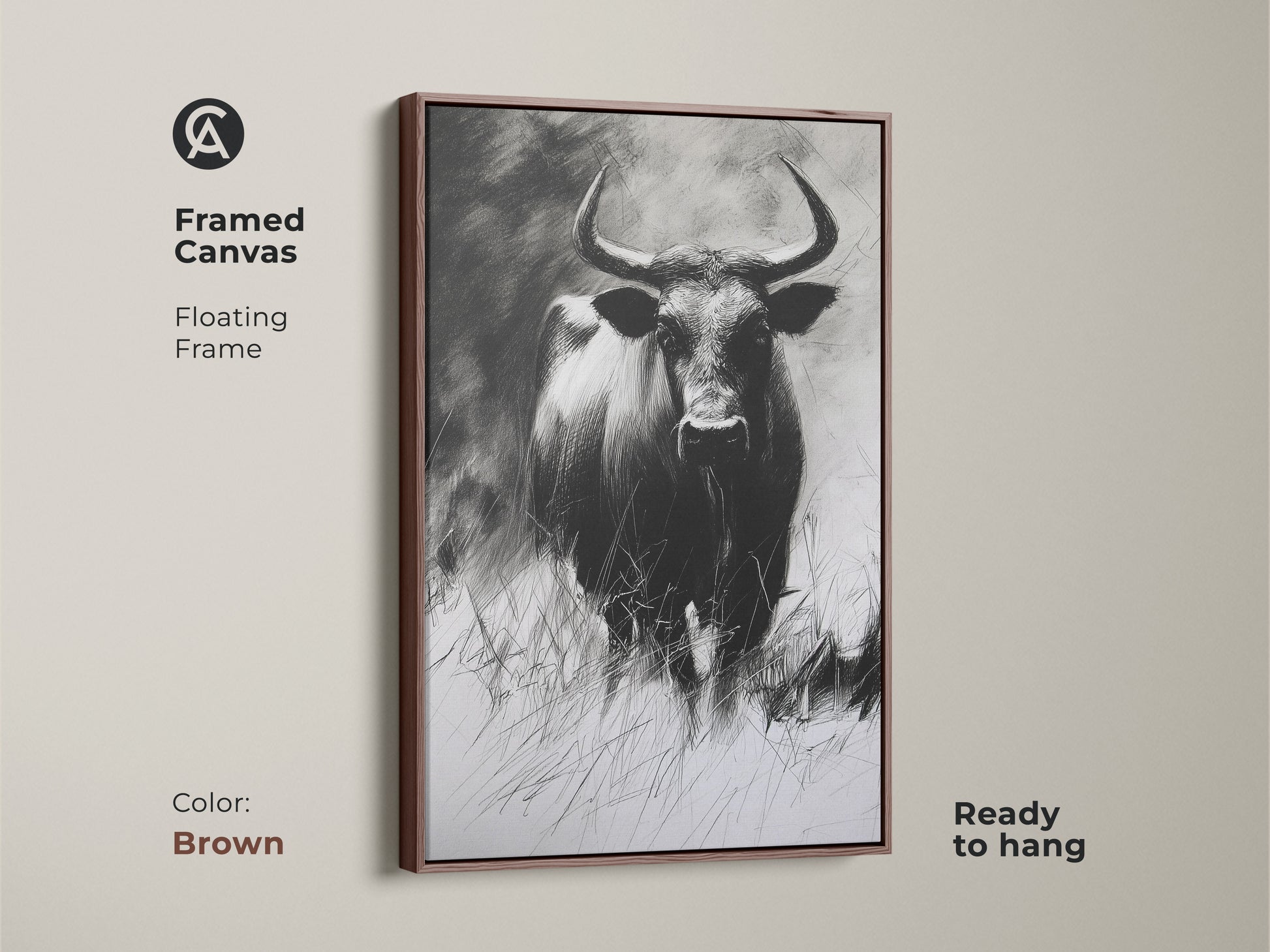 Framed canvas with a floating frame showcasing a buffalo charcoal sketch in brown. This ready to hang wildlife artwork enhances rustic decor. It's a monochrome animal print for farmhouse style.