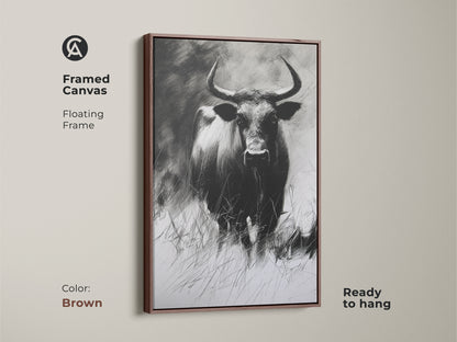 Framed canvas with a floating frame showcasing a buffalo charcoal sketch in brown. This ready to hang wildlife artwork enhances rustic decor. It's a monochrome animal print for farmhouse style.