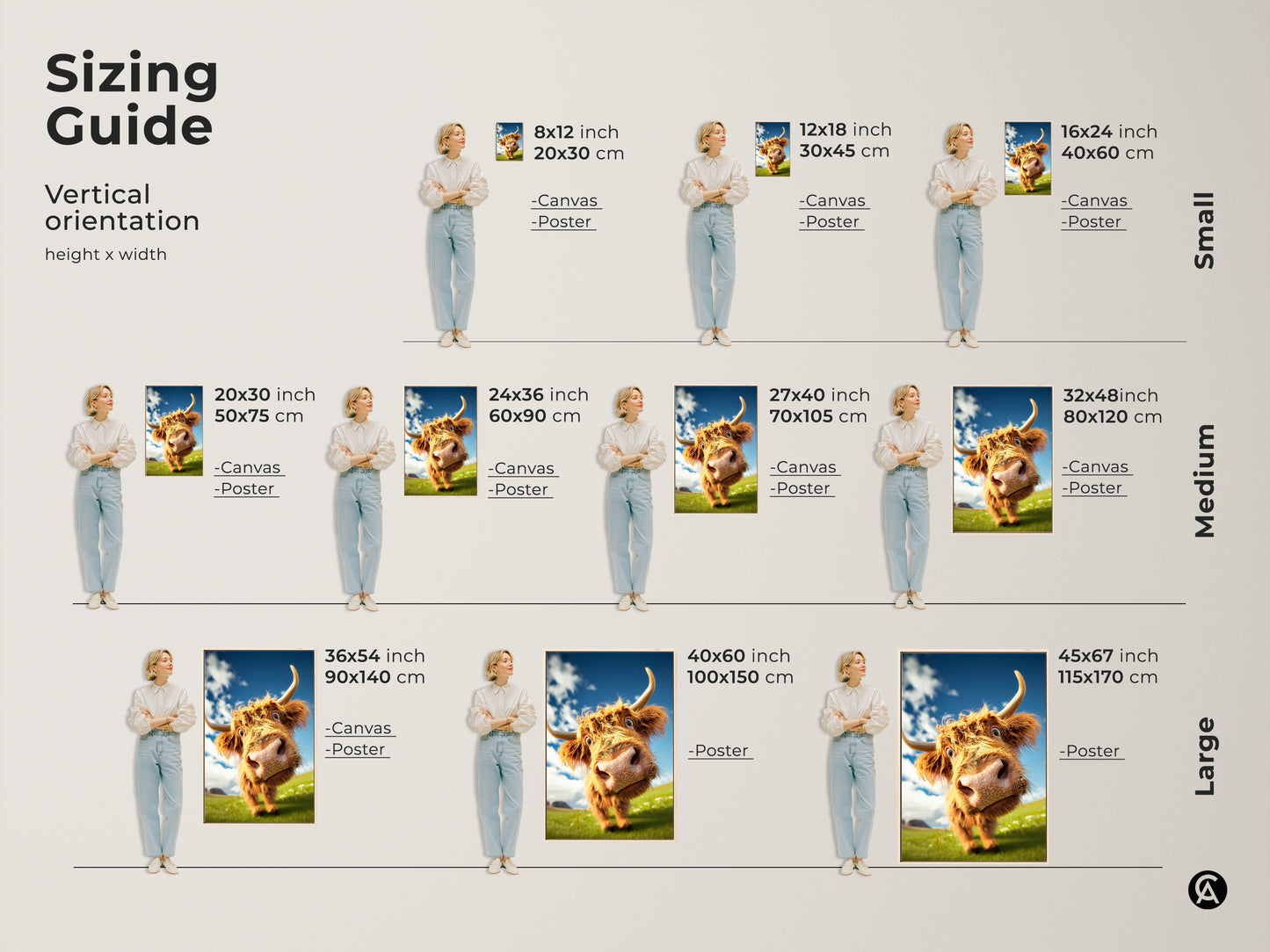Sizing guide for vertical orientation artwork. Canvas and poster sizes available from small to large. Ranging from 8x12 to 45x67 inches. Perfect for any room in your home.