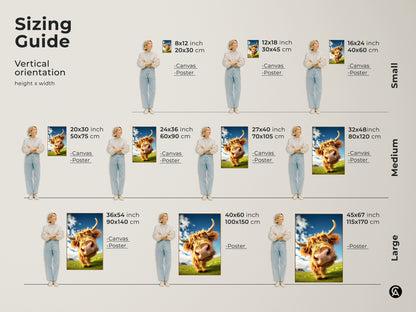 Sizing guide for vertical orientation artwork. Canvas and poster sizes available from small to large. Ranging from 8x12 to 45x67 inches. Perfect for any room in your home.