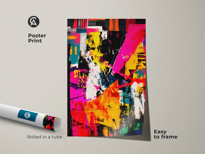 Poster print of an abstract artwork. The colorful painting is rolled in a tube. It is easy to frame. This modern art print adds a vibrant touch to your home decor collection.