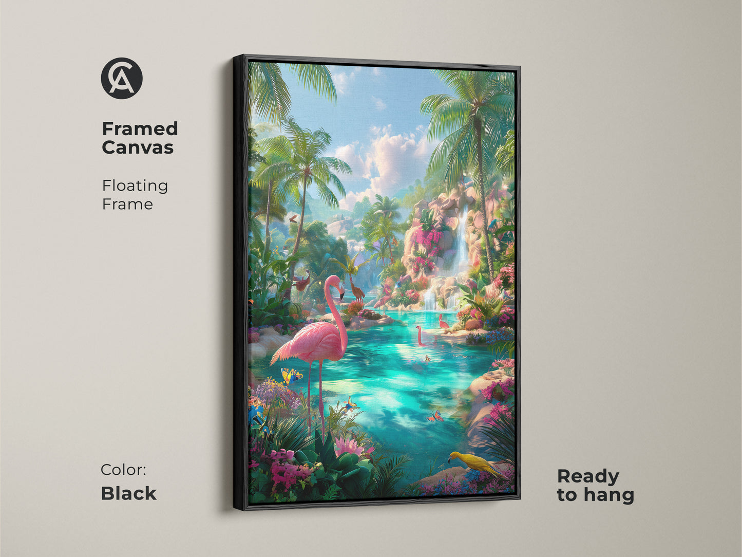 Black framed canvas of a tropical lagoon. The floating frame adds a modern touch. The artwork shows pink flamingos in a vibrant blue lagoon. It is ready to hang. Palm trees and a waterfall enhance the tropical ambiance. The black frame complements the colorful scene.