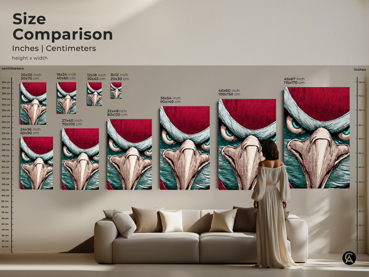 Size comparison for the eagle pop art canvas print. The crimson teal bird art comes in various sizes. Find one to fit your space. This animal themed wall decor is bold. It is a unique office animal artwork.