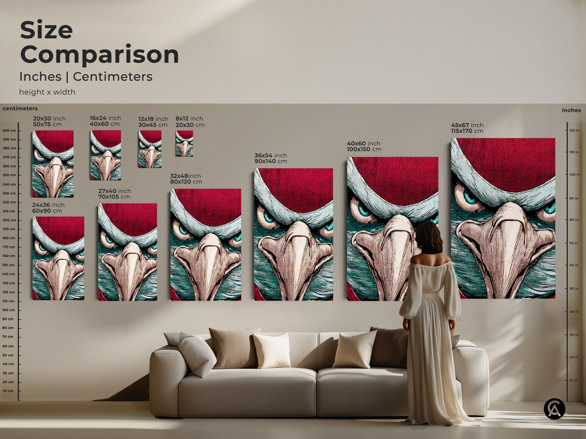 Size comparison for the eagle pop art canvas print. The crimson teal bird art comes in various sizes. Find one to fit your space. This animal themed wall decor is bold. It is a unique office animal artwork.