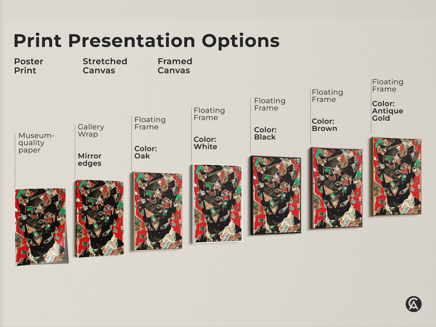 Explore print presentation options for abstract face artwork. Choose from poster print stretched canvas and framed canvas. Discover gallery wrap museum-quality paper and floating frame options. Customize your eclectic wall art.