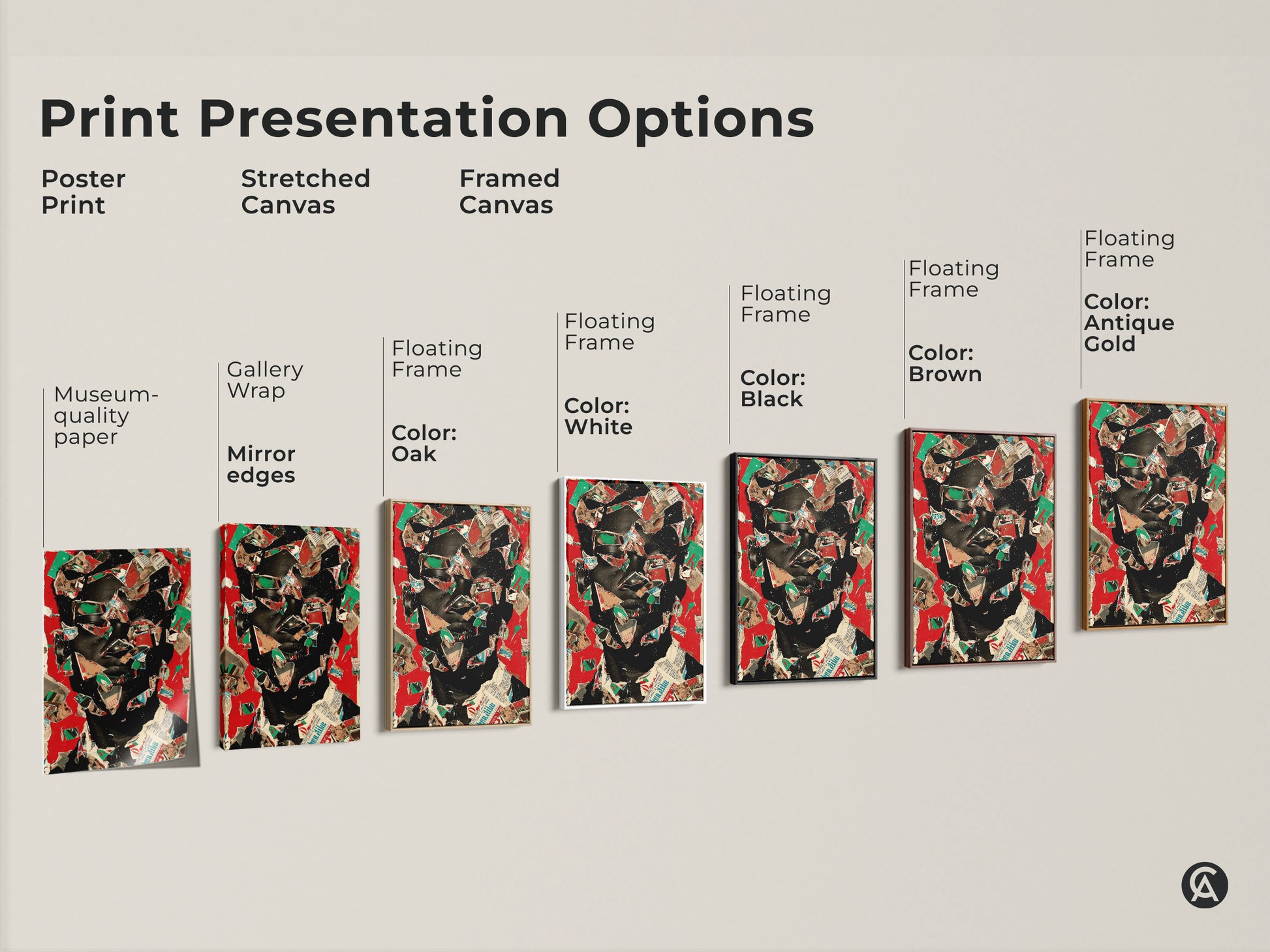 Explore print presentation options for abstract face artwork. Choose from poster print stretched canvas and framed canvas. Discover gallery wrap museum-quality paper and floating frame options. Customize your eclectic wall art.