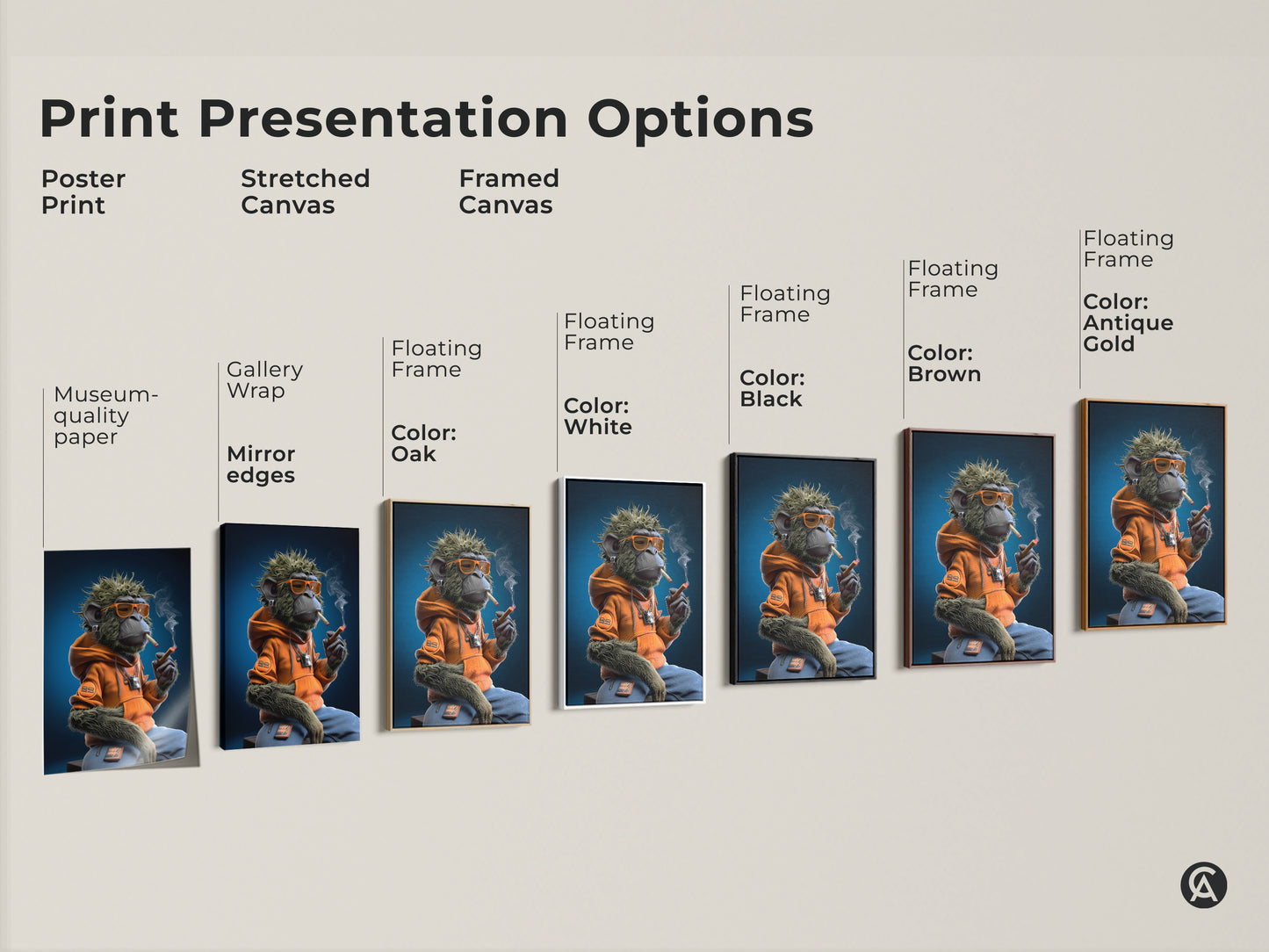 This image shows print presentation options for the graffiti monkey art. Options include framed canvas poster print and stretched canvas. It comes in black brown antique gold oak and white frames. The monkey is in an orange hoodie.