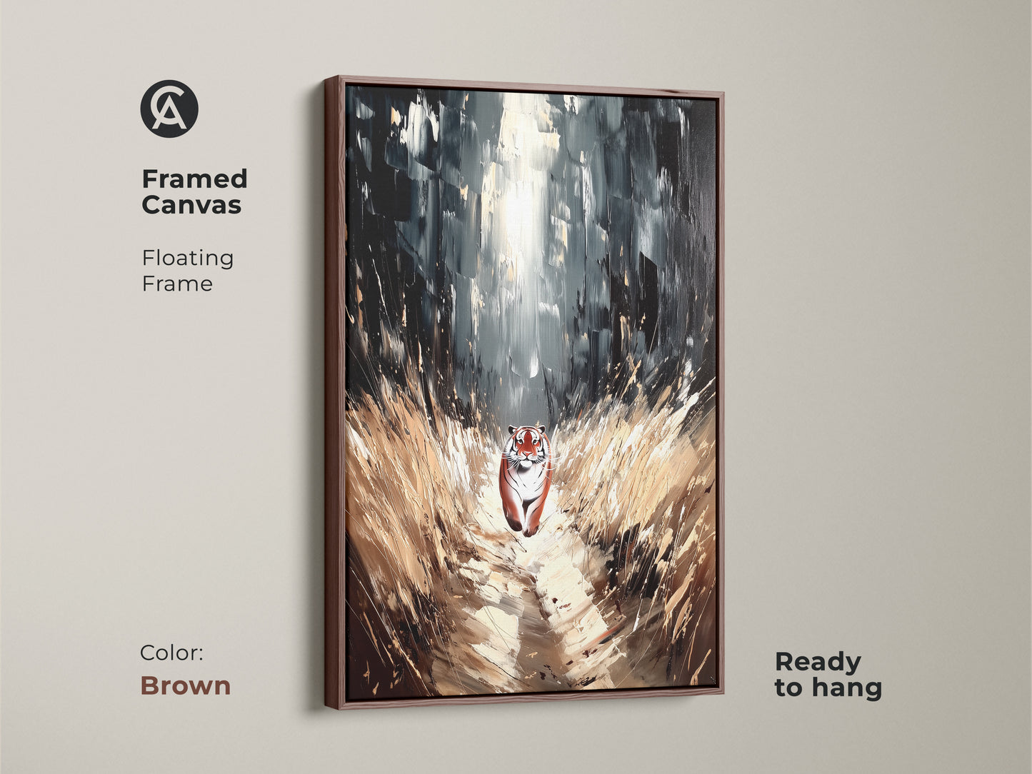 Framed Canvas of Tiger Forest Canvas Art. Brown floating frame color on wildlife wall decor. Black white animal art makes a great bedroom tiger canvas ready to hang.