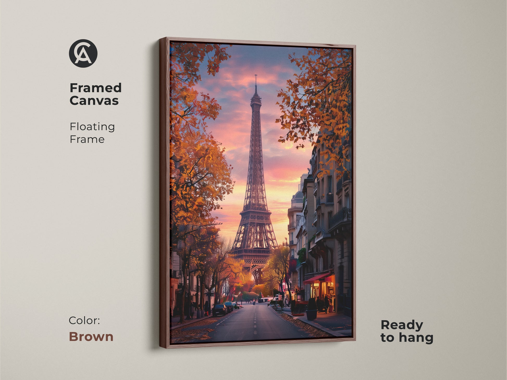 Framed canvas of Eiffel Tower art in a brown floating frame. This Paris street scene canvas brings warmth. A romantic cityscape art print is ready to hang. The sunset sky bedroom decor enhances any space.