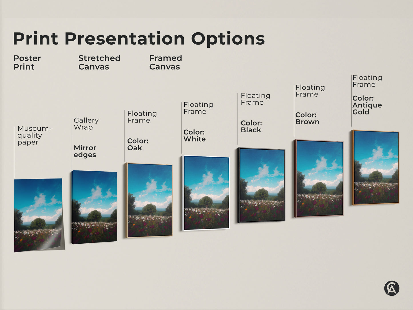 Print presentation options for impressionistic wildflower art. Choose from poster print stretched canvas or framed canvas. Museum-quality paper with gallery wrap and mirror edges. Floating frames in various colors available