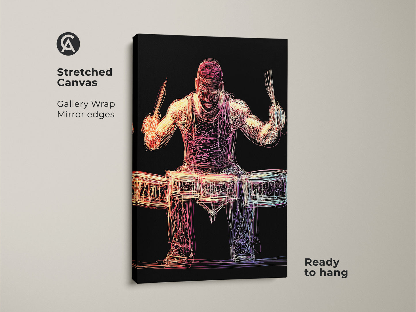 Experience the dynamic energy of this abstract drummer print on a stretched canvas. This gallery-wrapped canvas features mirrored edges for a seamless aesthetic. The colorful musician canvas art is ready to hang immediately. Ideal music room decor that captures the essence of musical passion. Gift this vibrant drummer artwork to the music enthusiast in your life.