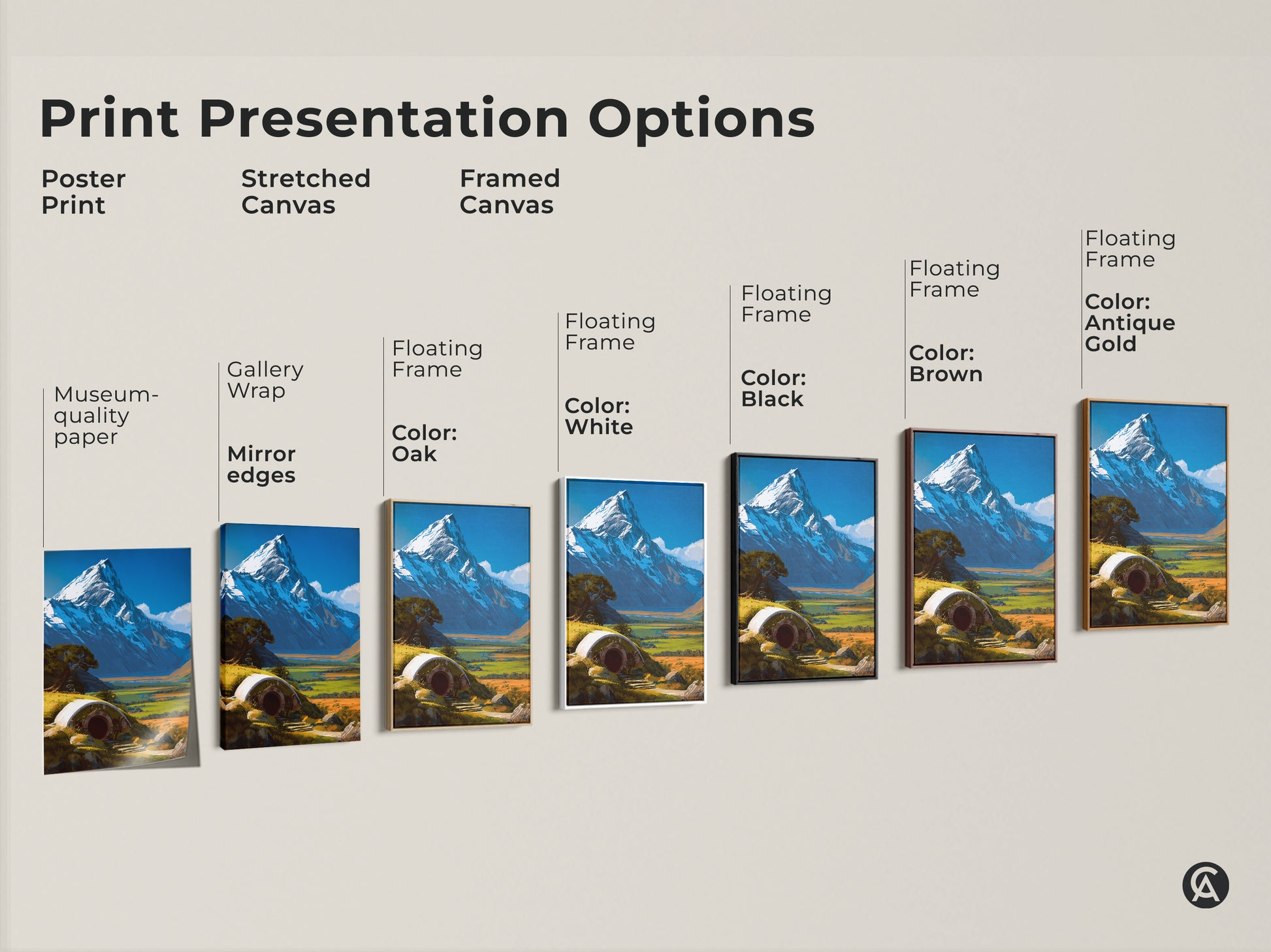 Explore print presentation options for a Hobbit Hole art print with a snowy mountain. Choose from poster prints stretched canvas or framed canvas. Options include museum quality paper gallery wrap and floating frames in various colors. Find the perfect style for your fantasy wall decor.