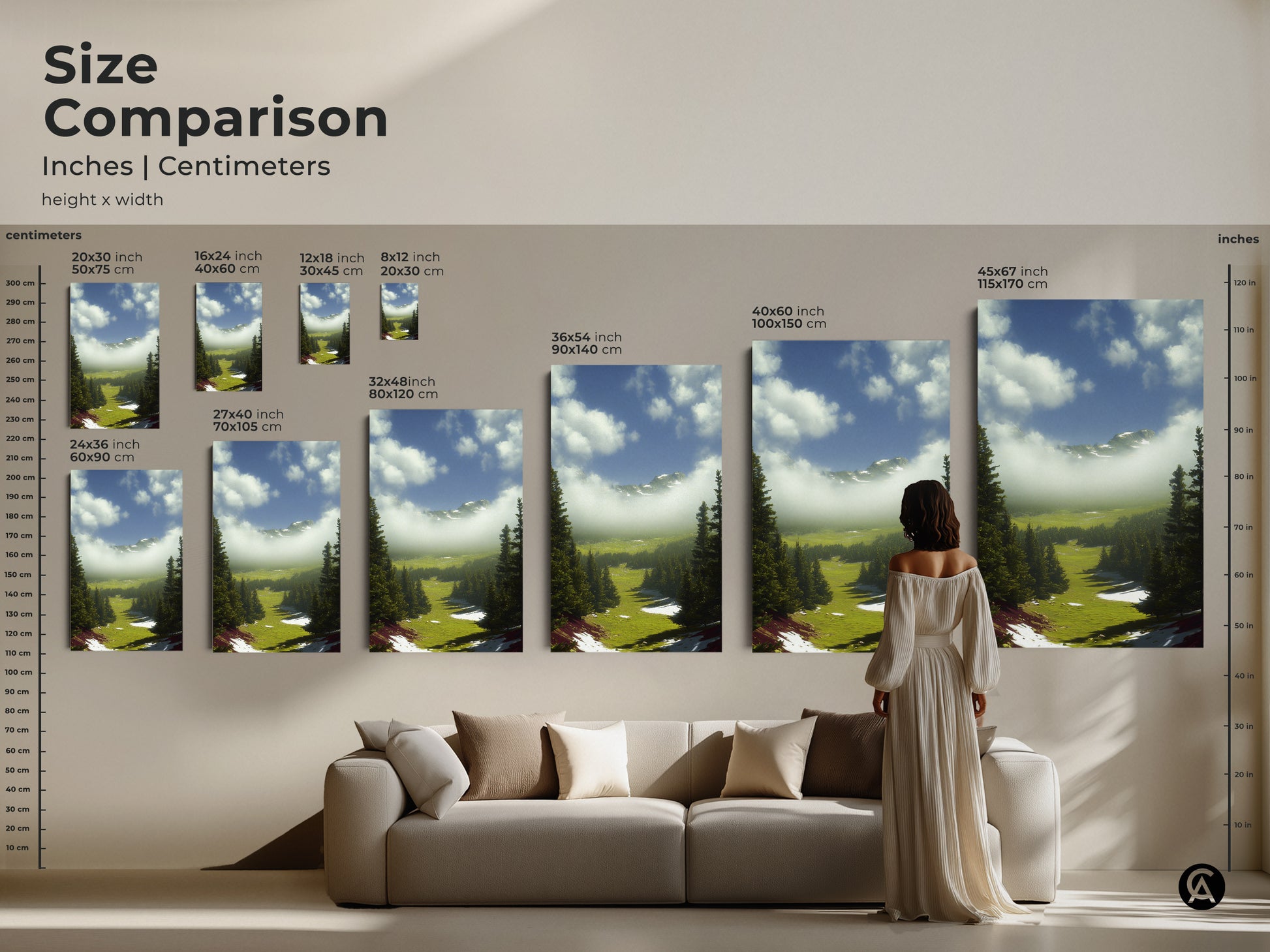 Size comparison of a rolling hills landscape artwork in inches and centimeters. Visualize the 20x30 inch to 45x67 inch sizes. Perfect as residential wall hanging or cabin decor art print.