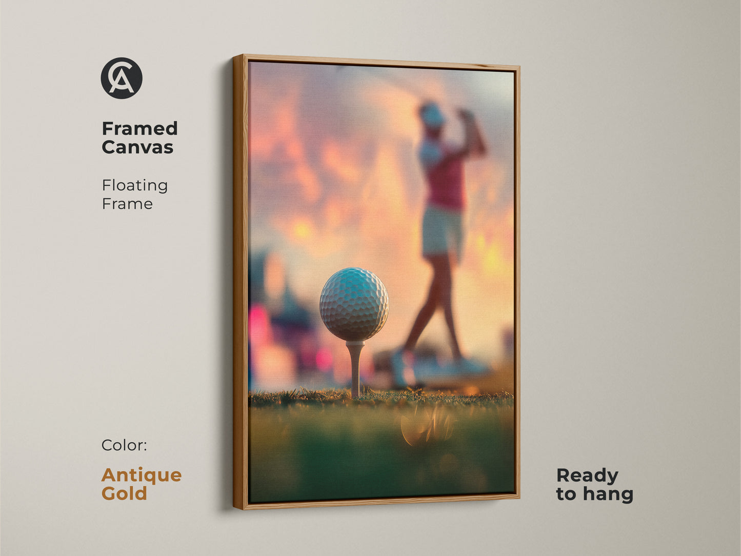 Framed canvas artwork of a woman golfer. Antique gold floating frame adds a touch of luxury. Ready to hang and admire. Perfect for adding a sporty yet elegant touch. Enhance your art collection with this framed piece.