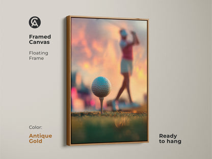 Framed canvas artwork of a woman golfer. Antique gold floating frame adds a touch of luxury. Ready to hang and admire. Perfect for adding a sporty yet elegant touch. Enhance your art collection with this framed piece.