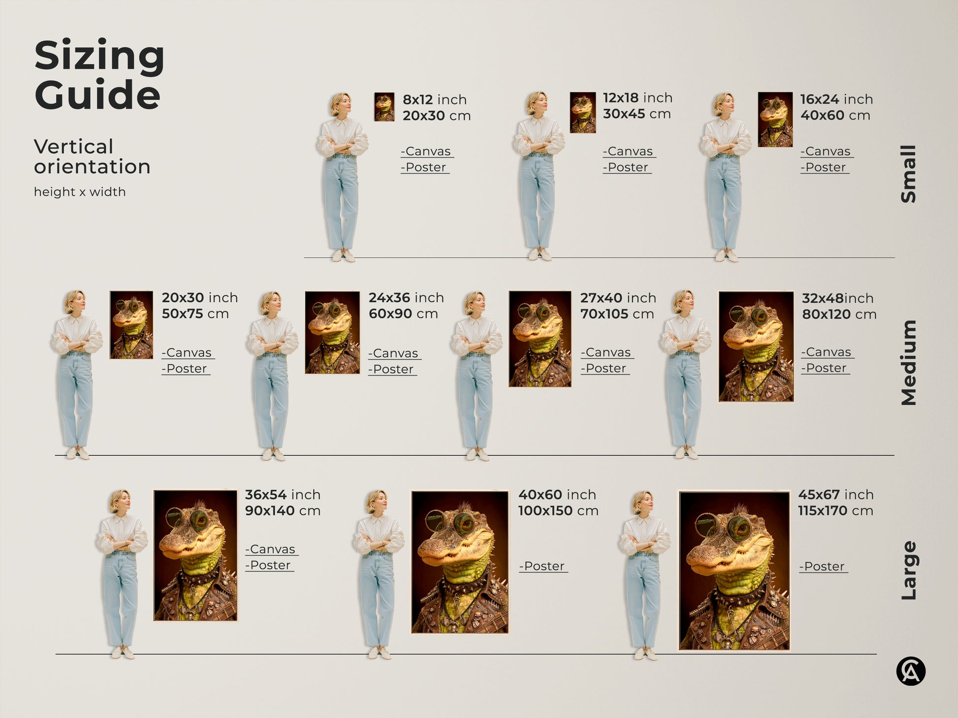 This shows a size comparison chart. This rockstar alligator artwork is available in many sizes. Those sizes include: 20x30 inch 16x24 inch 12x18 inch 8x12 inch 36x54 inch 40x60 inch and 45x67 inch. These sizes are perfect for any room.