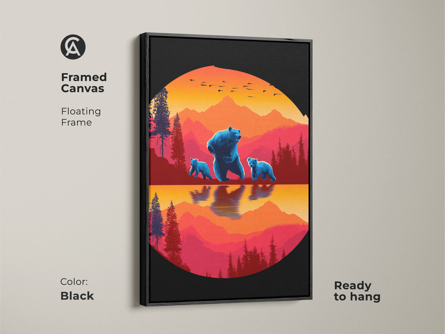 Framed canvas of the Blue Bear Family art. The retro mountain landscape canvas has a floating frame in Black. It's ready to hang wildlife animal canvas art. Its a unique animal landscape art.