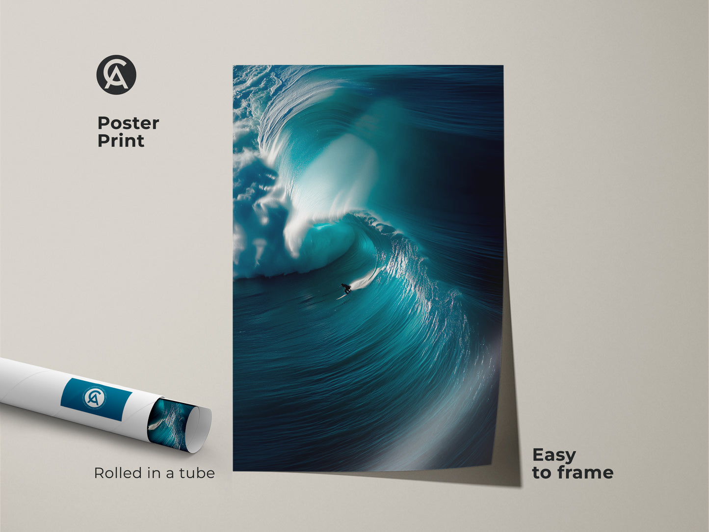 A surfer takes on a giant wave in this poster print. The artwork is rolled in a tube for easy framing. It is a museum-quality paper print. This ocean art is perfect for those who love surfing. An inspiring scene of nature's power.