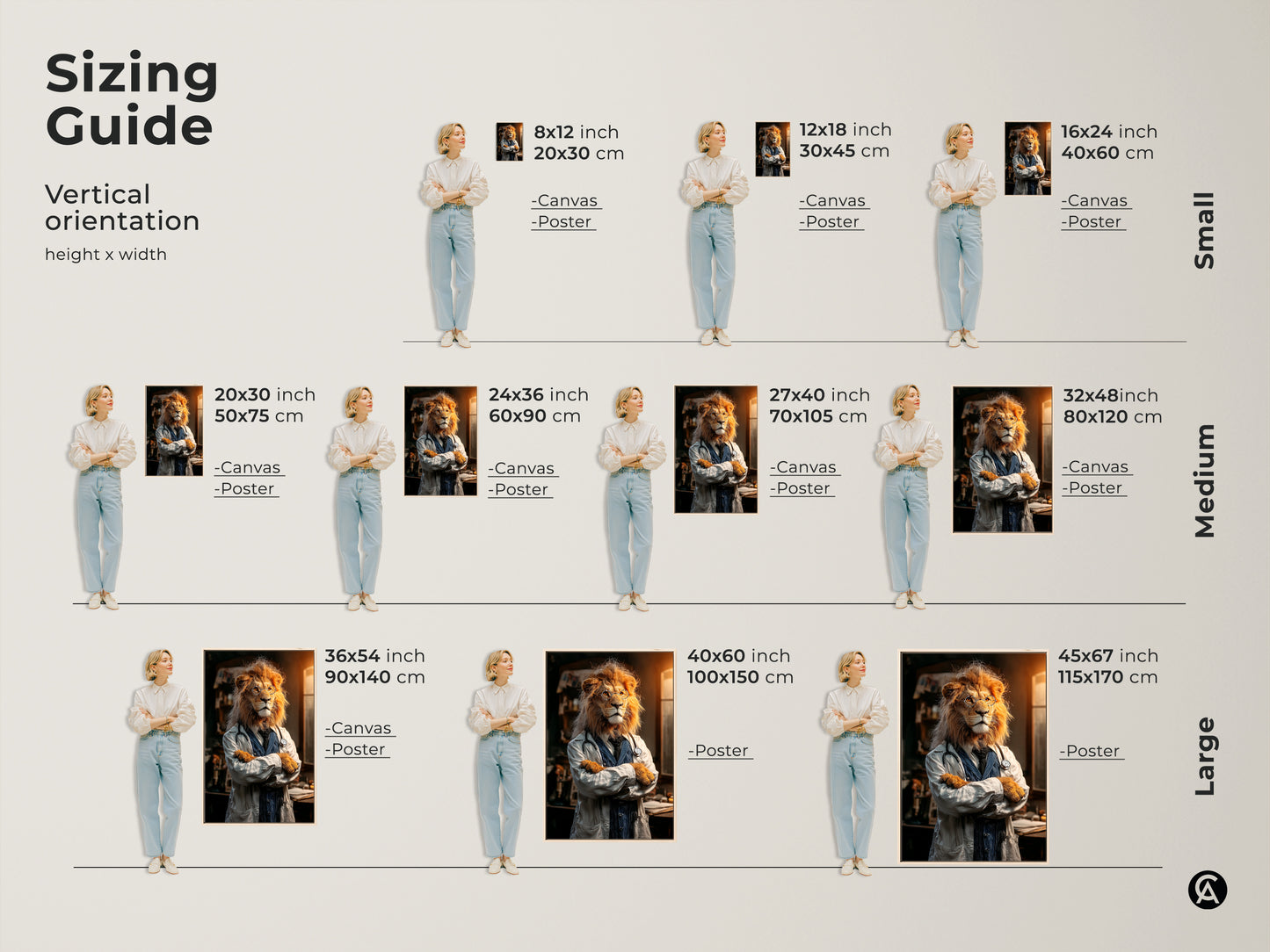 Sizing guide for the vertical lion doctor canvas and poster prints. Available in small medium and large sizes. Perfect for creating unique wall art in any space. Choose the perfect fit for your office or study room decor.