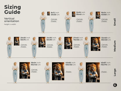 Sizing guide for the vertical lion doctor canvas and poster prints. Available in small medium and large sizes. Perfect for creating unique wall art in any space. Choose the perfect fit for your office or study room decor.