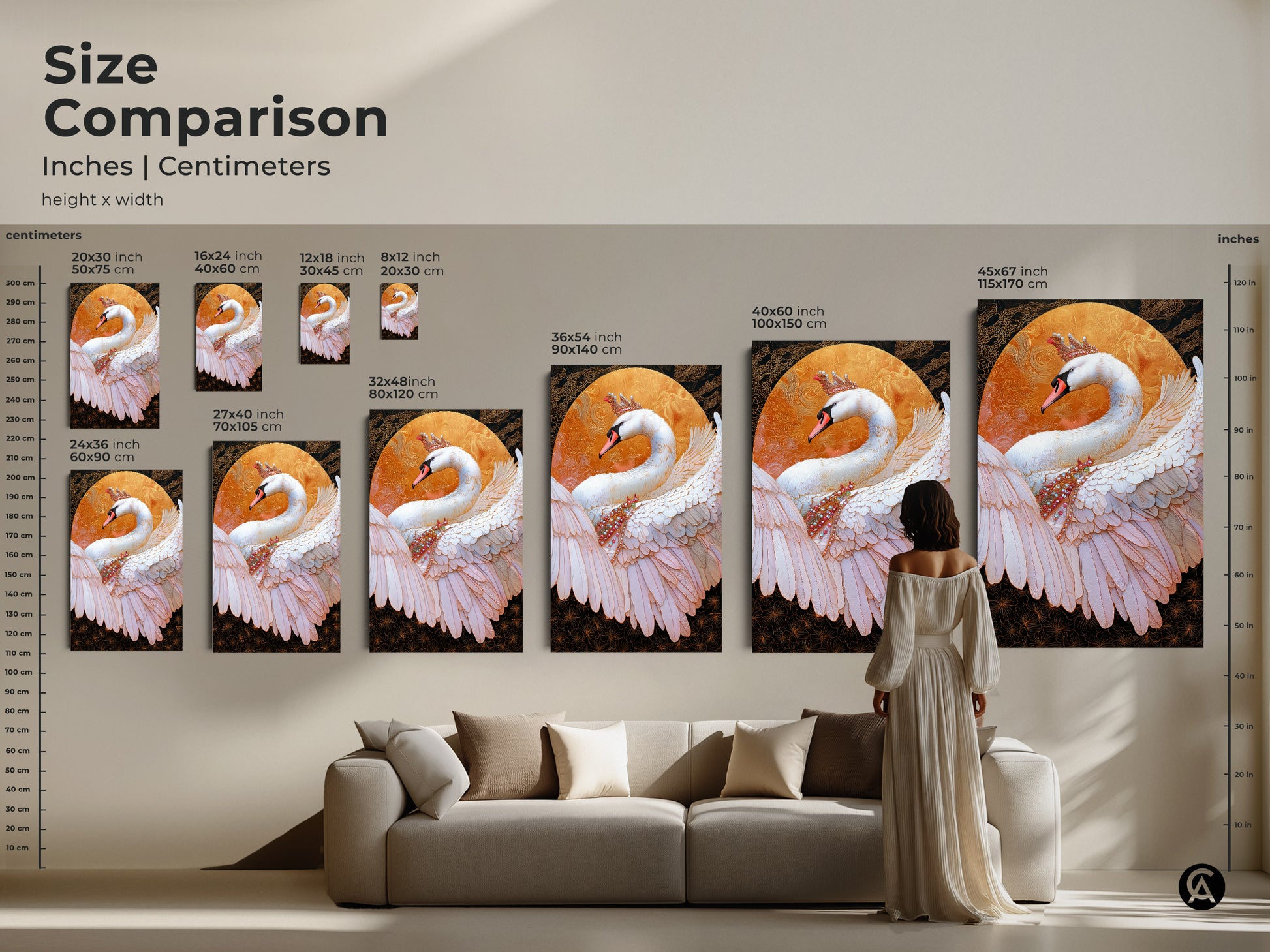 Size comparison of crowned swan canvas. Artwork in inches & centimeters to find your perfect size. See how the sizes look above a couch. The regal swan wall art adds royal elegance. Fantasy bird artwork is perfect for a eclectic home. Gold and white swan print.