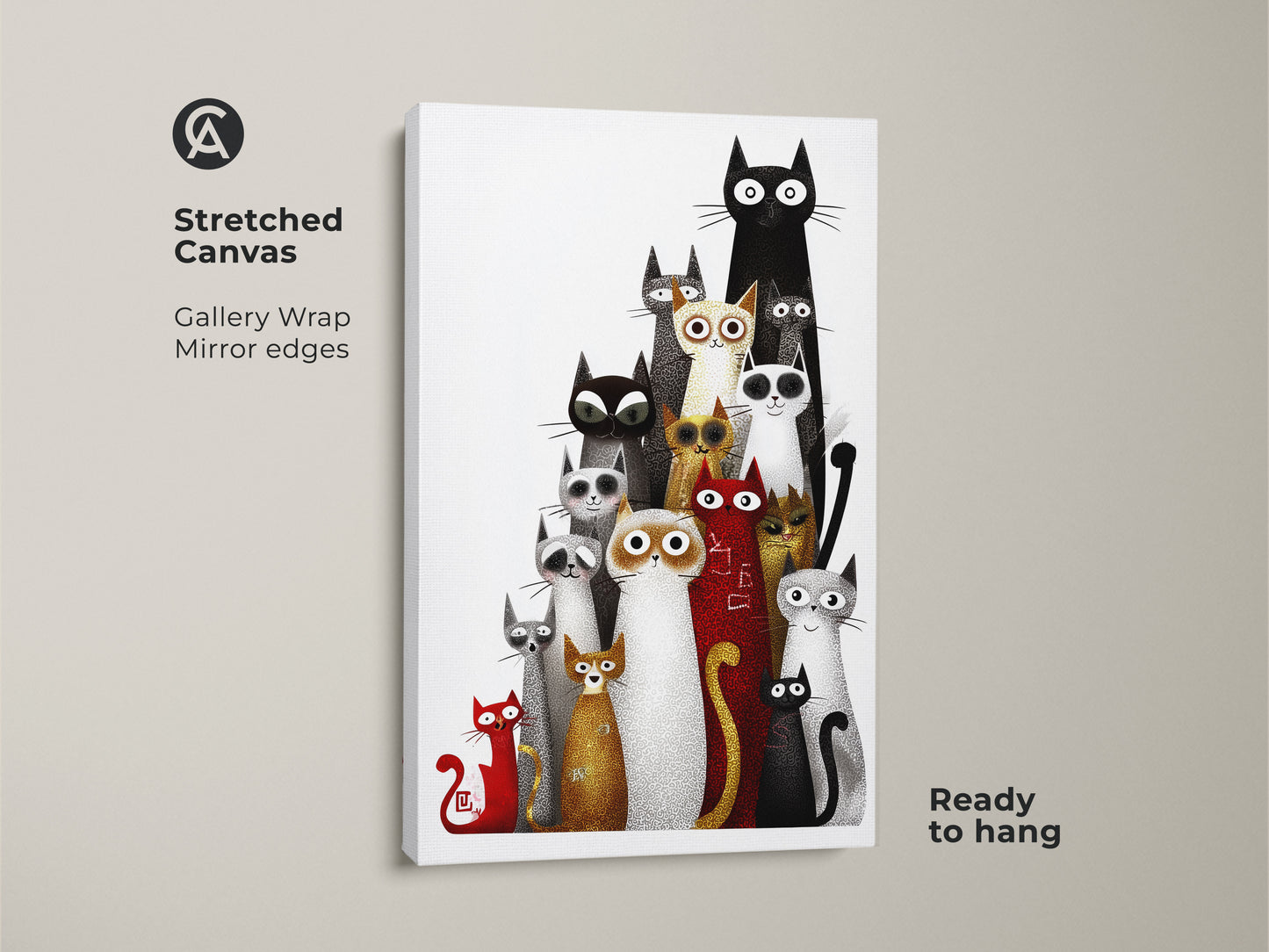 Stretched canvas print of black white and red eclectic cat artwork. This unique animal art is ready to hang with gallery wrapped mirror edges. It's a great gift idea for cat lovers adding a whimsical touch to any living room or bedroom with its cartoon cat poster style.