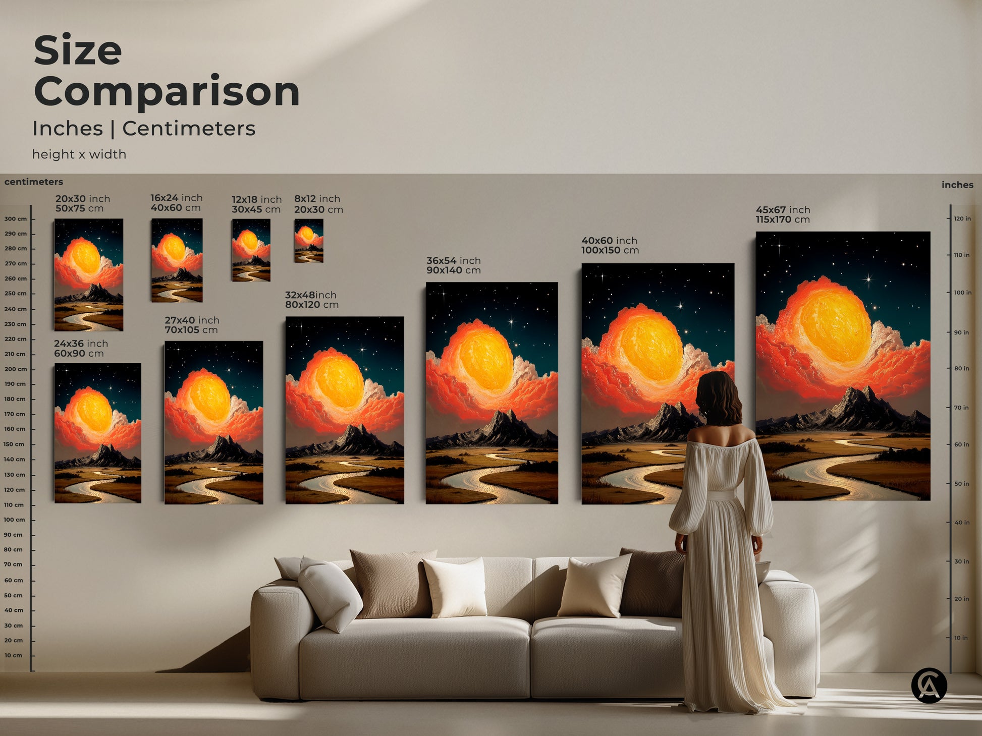 Size comparison of cosmic sun mountain river prints. It shows canvases and posters in various sizes inches and centimeters. A woman stands in front of a couch for scale. This yellow orange teal art is perfect for any stargazers house.