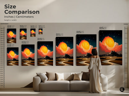 Size comparison of cosmic sun mountain river prints. It shows canvases and posters in various sizes inches and centimeters. A woman stands in front of a couch for scale. This yellow orange teal art is perfect for any stargazers house.