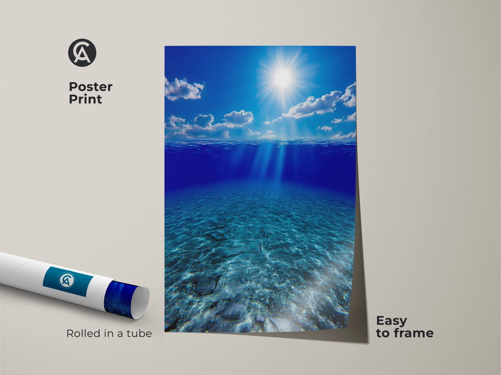 Poster print of underwater sunbeams in a deep blue ocean. This photorealistic seascape art is easy to frame. Perfect for coastal decor it captures the serene beauty of the ocean floor. Rolled in a tube this ocean art makes a lovely beach lover gift.