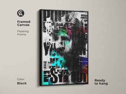 Black framed canvas featuring an abstract face artwork. This contemporary collage uses a black white and green color scheme. This floating frame enhances its modern appeal. A striking office wall decor print. Ready to hang for a minimalist abstract art.