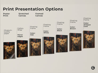 Print presentation options showcasing the punk rock leopard art in poster print stretched canvas and framed canvas formats. See how this wildlife portrait canvas transforms spaces into stylish reflections of unique style. This art suits eclectic tastes. Select the perfect animal lover gift to enhance any home or office.