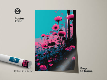 Poster print of a modern flower artwork. The graphic plant art print features pink cosmos on a turquoise background. Easy to frame this vibrant flower poster is perfect for aesthetic room decor. Consider this as a gift.