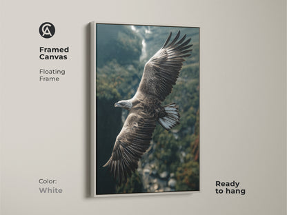 Wildlife photography on canvas with a white floating frame. The eagle artwork brings nature indoors. Ready to hang as rustic home decor. It is the perfect gift for bird watchers and outdoor enthusiasts.