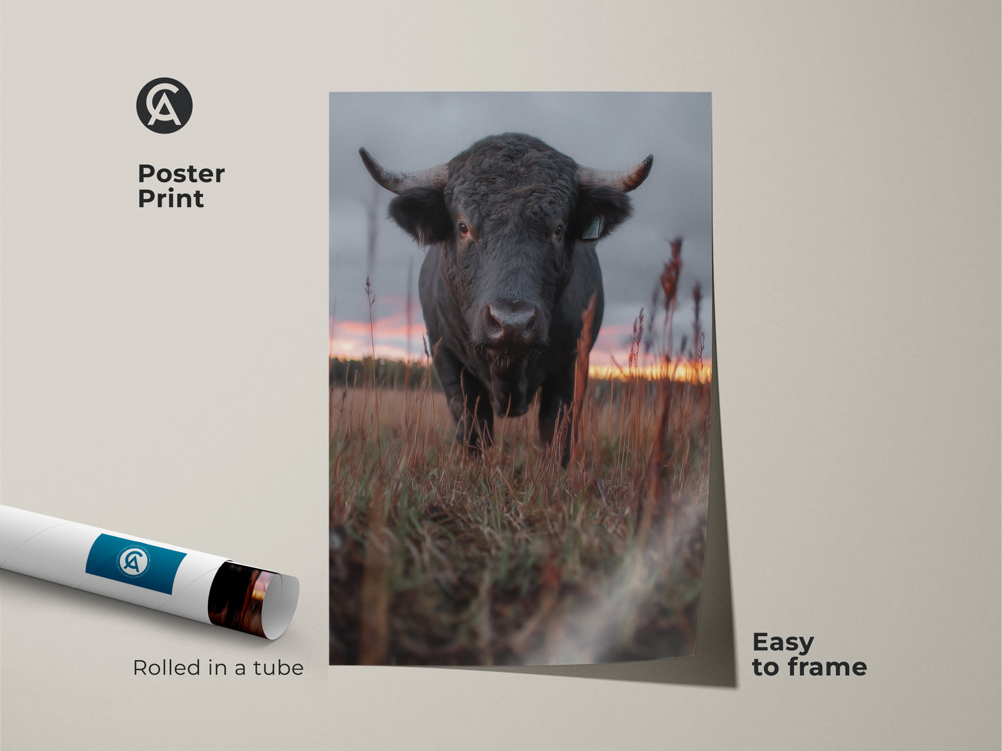 Poster print of wildlife animal painting of a bull. Easy to frame barnyard animal decor. Rolled in a tube for safe shipping. Rustic farmhouse wall art for country style home decor. Makes a great gift for animal lovers.