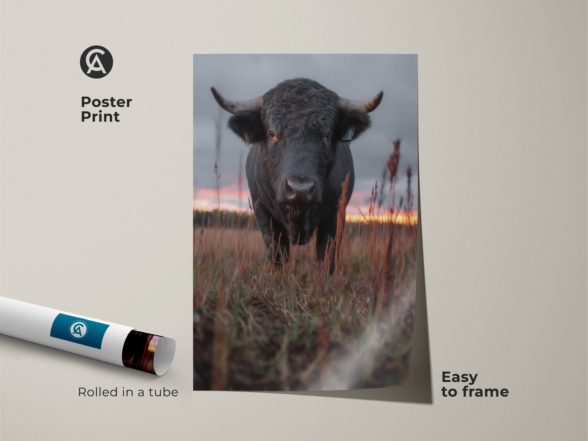 Poster print of wildlife animal painting of a bull. Easy to frame barnyard animal decor. Rolled in a tube for safe shipping. Rustic farmhouse wall art for country style home decor. Makes a great gift for animal lovers.