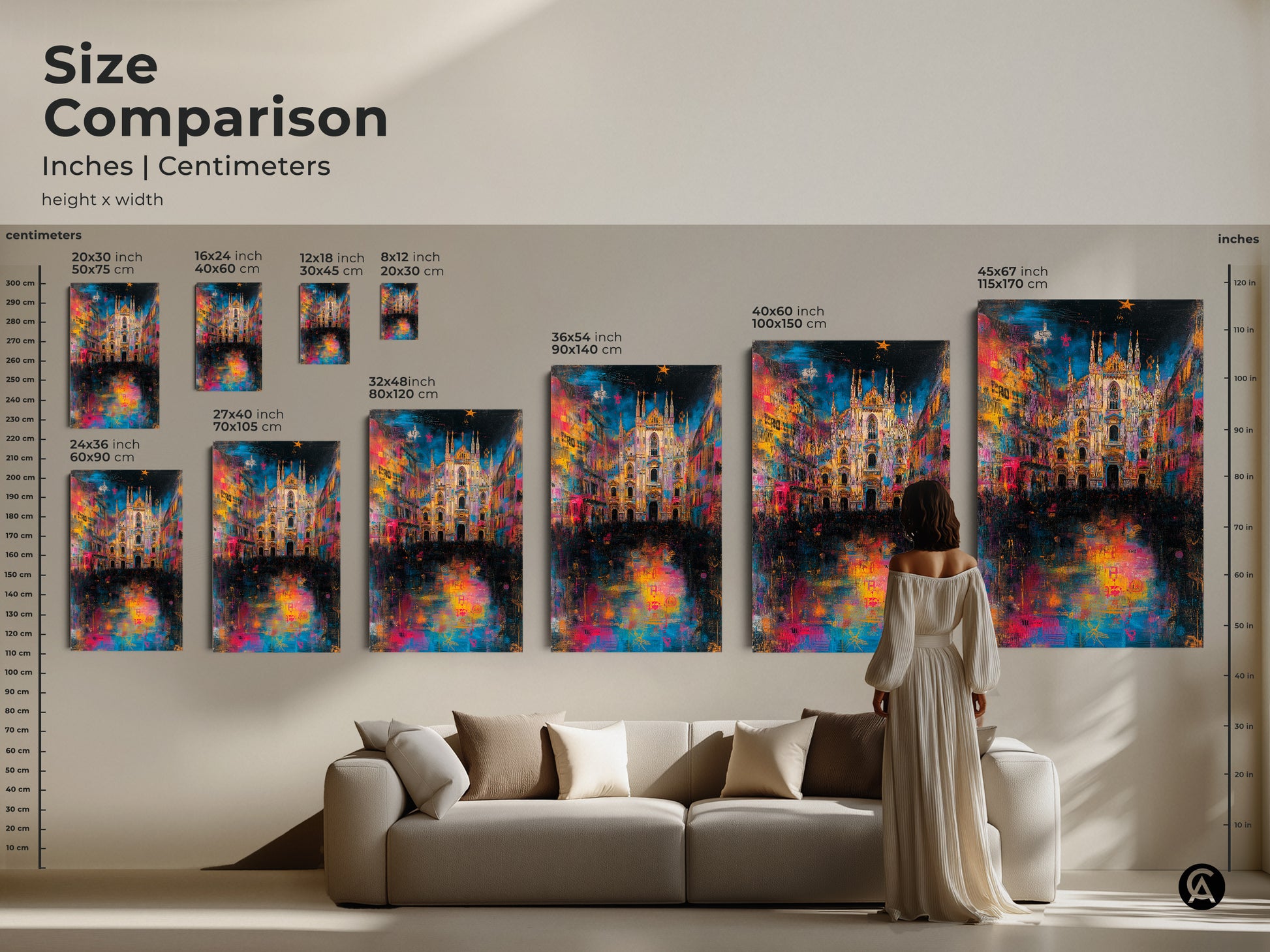 Size comparison of the Milan Cathedral art print. See how the artwork looks in different sizes. Visualize the art in your living room. Find the perfect size to complement your home decor. 