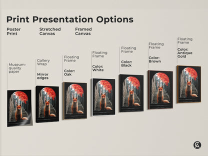 Explore our presentation options for this surreal fox art print. Choose from poster prints or stretched canvases. Framed canvases are available with floating frames in black brown oak white and antique gold. Find the perfect size and style for your wall decor.