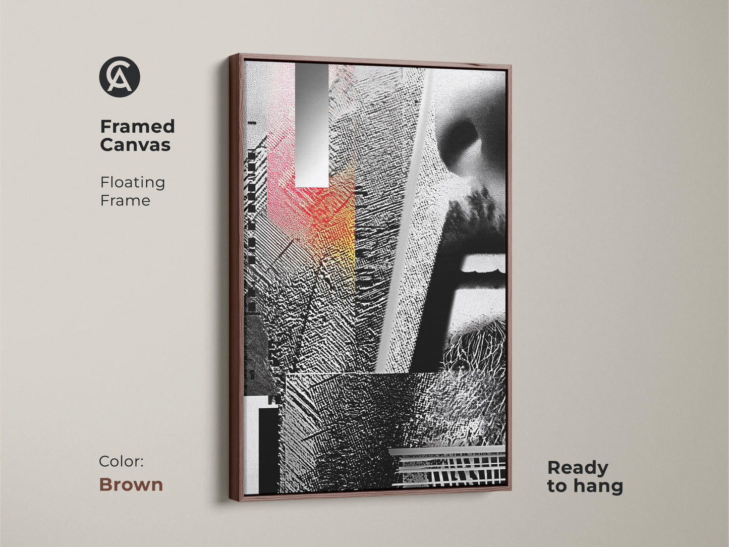Framed Canvas displaying Glitch Art. The floating frame accentuates the abstract geometric face collage in black white and red tones. This mixed media artwork is ready to hang. The frame color is brown.