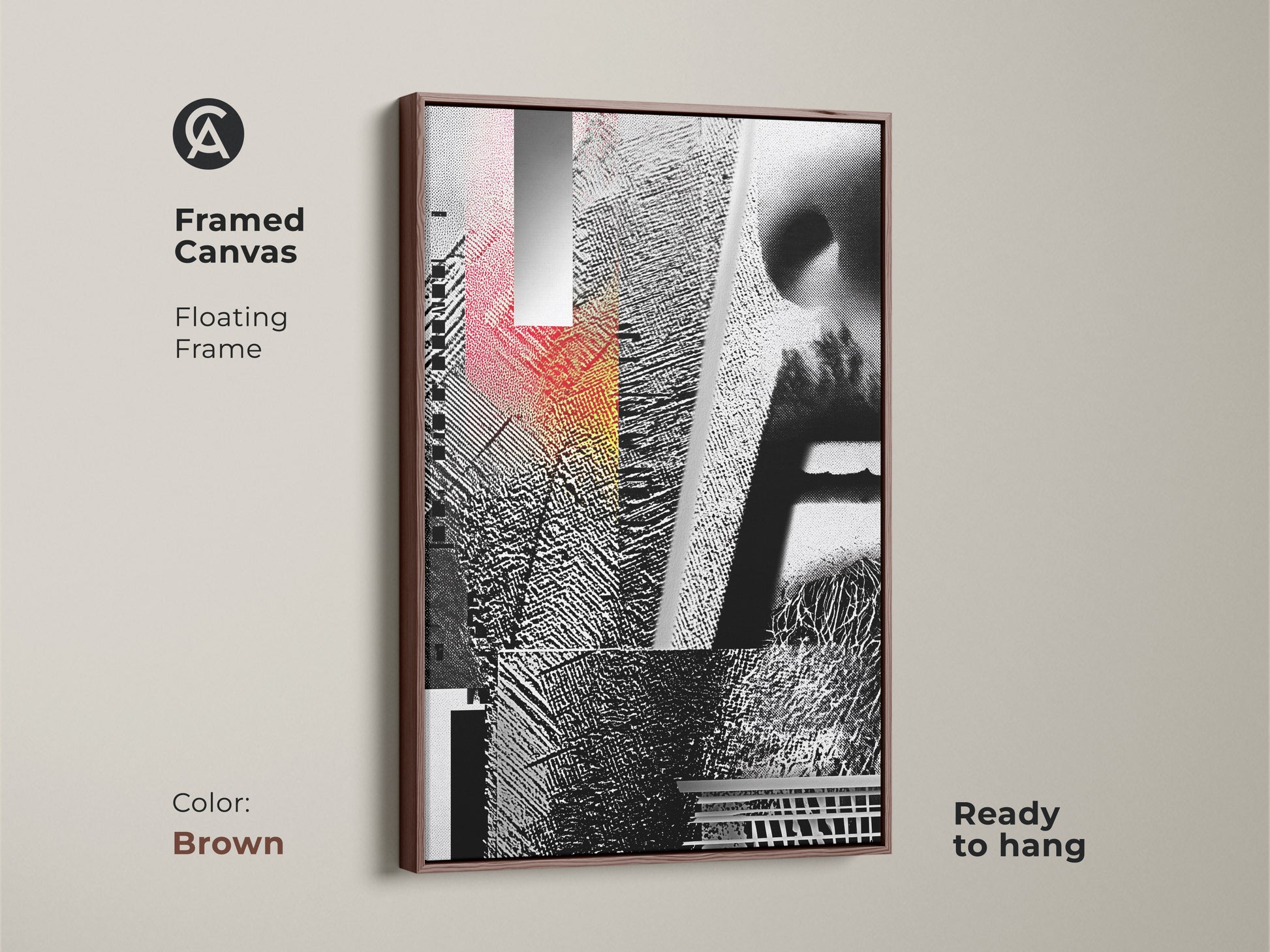 Framed Canvas displaying Glitch Art. The floating frame accentuates the abstract geometric face collage in black white and red tones. This mixed media artwork is ready to hang. The frame color is brown.
