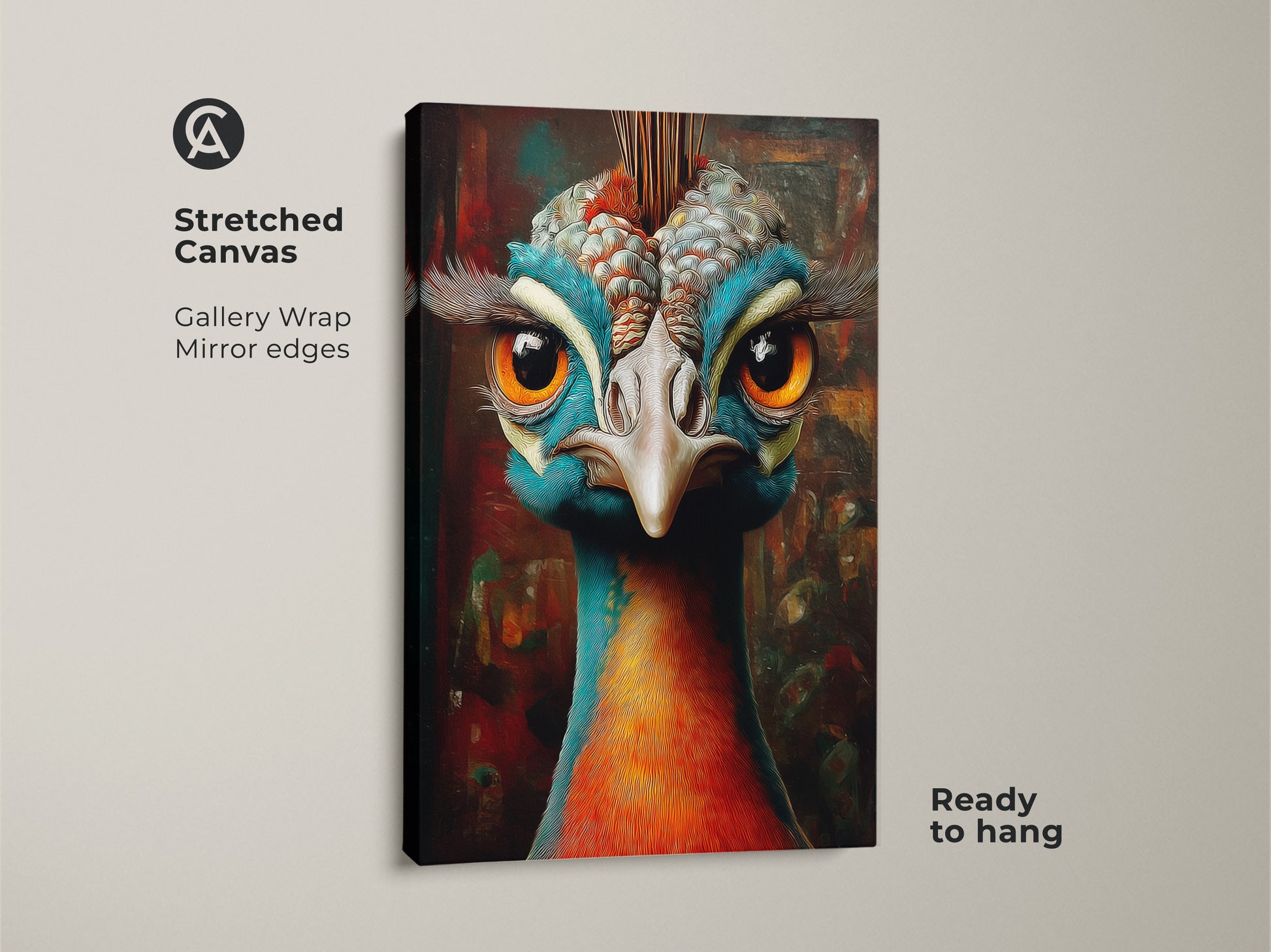 Stretched canvas gallery wrap print featuring a teal orange peacock. The ornate avian artwork is ready to hang. This fantasy peacock canvas art is perfect for any room.
