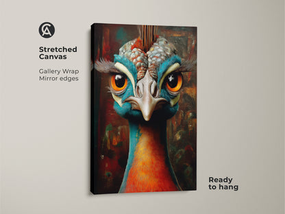 Stretched canvas gallery wrap print featuring a teal orange peacock. The ornate avian artwork is ready to hang. This fantasy peacock canvas art is perfect for any room.