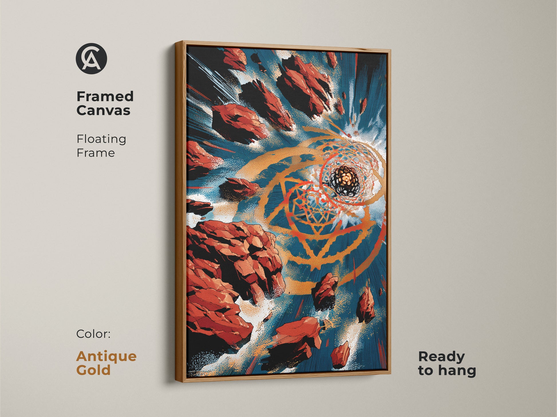 An antique gold floating frame showcasing an abstract geometric art print. The bold abstract art print features teal shapes and lines. Perfect housewarming gift art or new professional gift