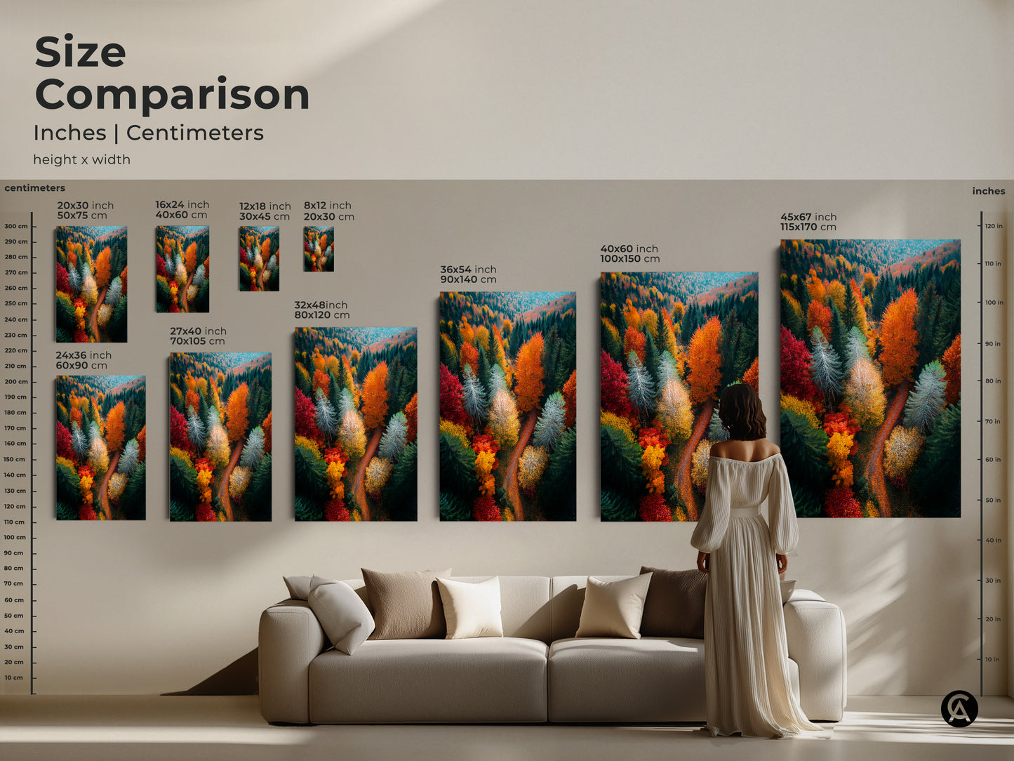 Size comparison of forest art prints. See how different sizes of canvas and posters fit above a sofa. Choose from various dimensions in inches and centimeters. Visualize the impact of this landscape artwork in your home.