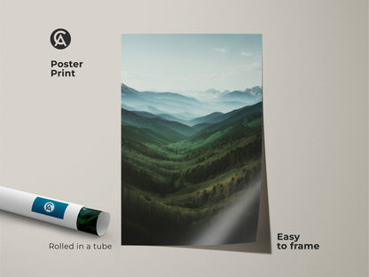 Poster print of a scenic forest valley landscape. Easy to frame teal green nature artwork. This misty blue mountain range art comes rolled in a tube. Great housewarming gift.