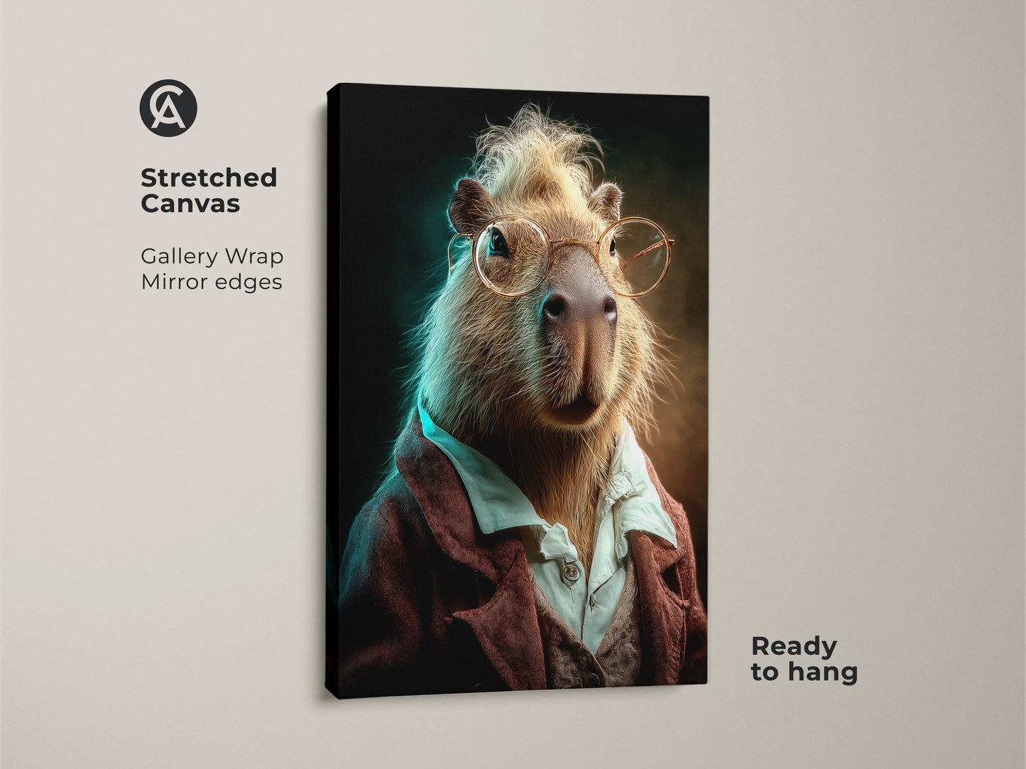 Stretched canvas of a capybara art print. This gallery wrap is ready to hang. Mirror edges showcase a funny animal portrait. It's quirky art for home decor and an animal lover gift